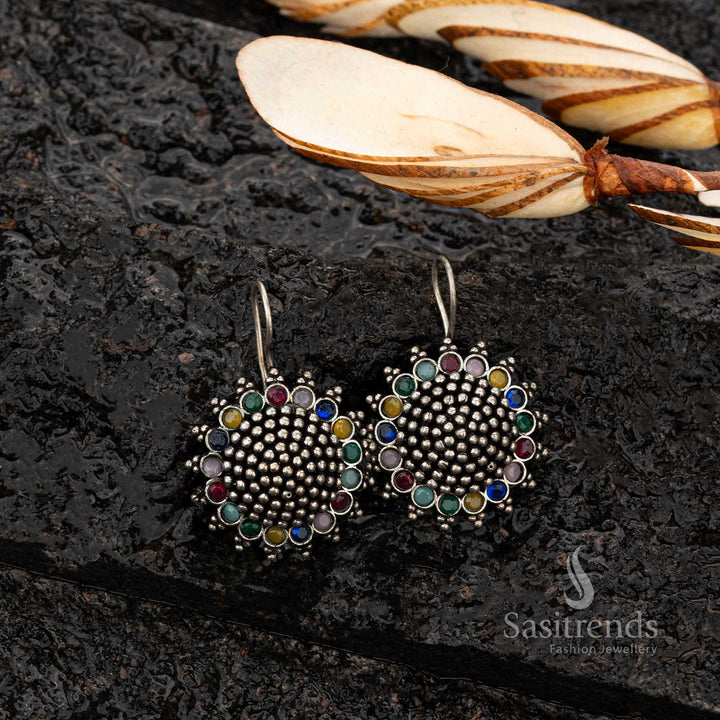 Elegant Oxidised Silver Circular Drop Earrings with Multi-Colour Stones - Sasitrends