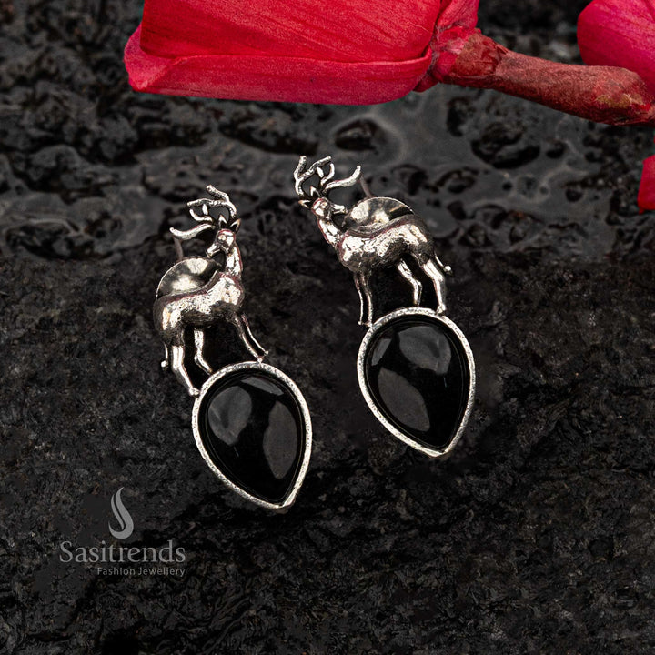 Black Monalisa stone oxidised silver earrings with deer - Sasitrends