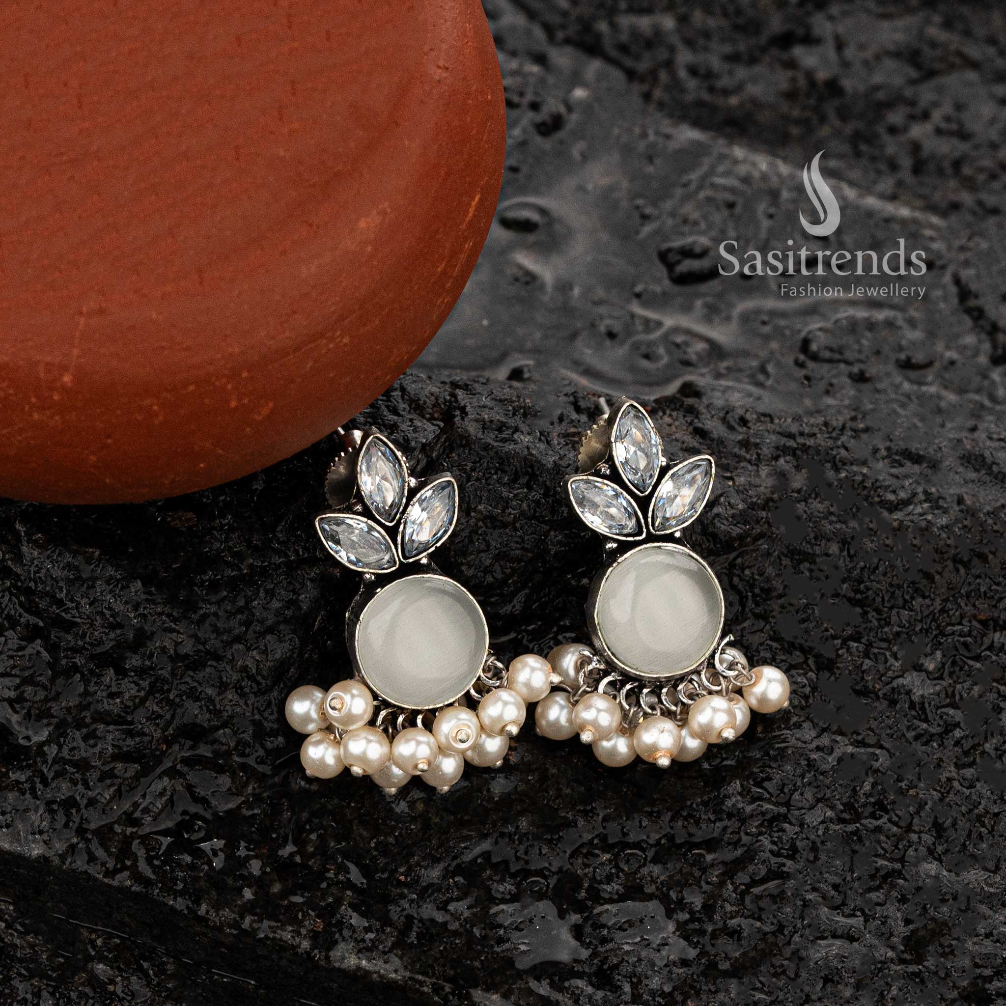 White oxidised earrings with leaf and gemstone detailing - Sasitrends