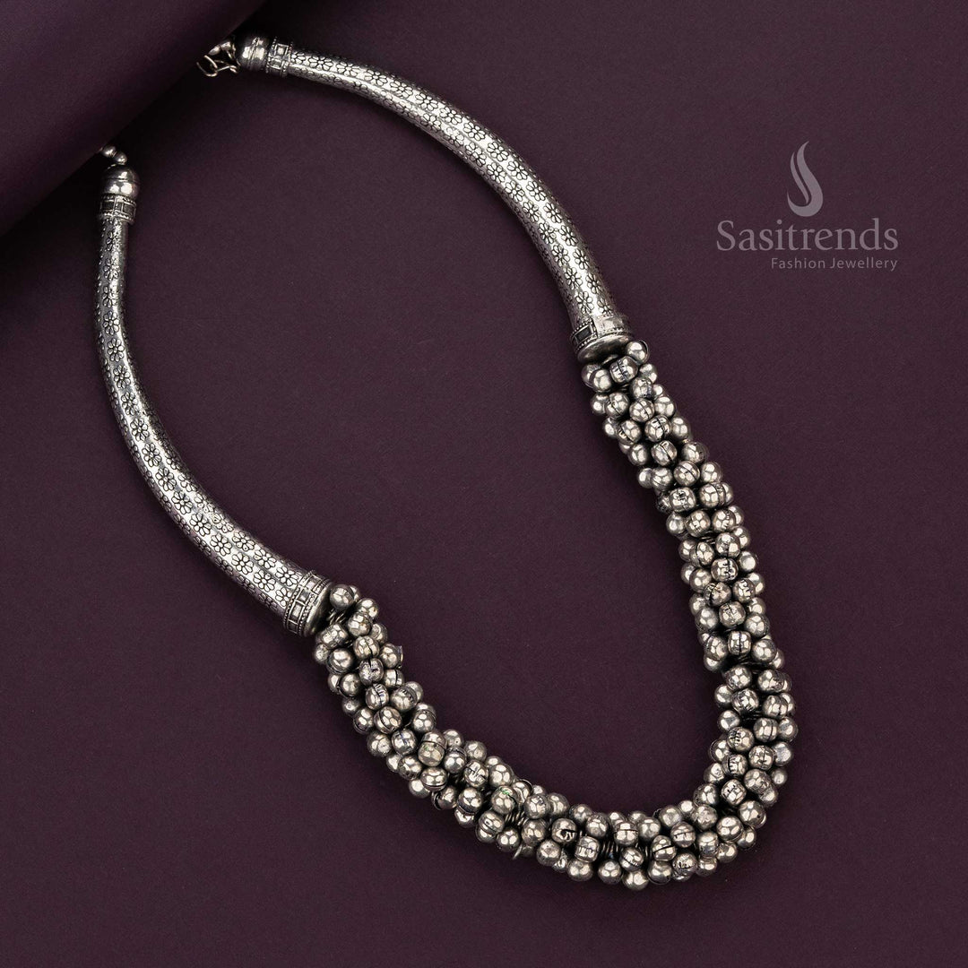 Silver oxidised ghungroo beaded necklace with intricate floral tubes - Sasitrends