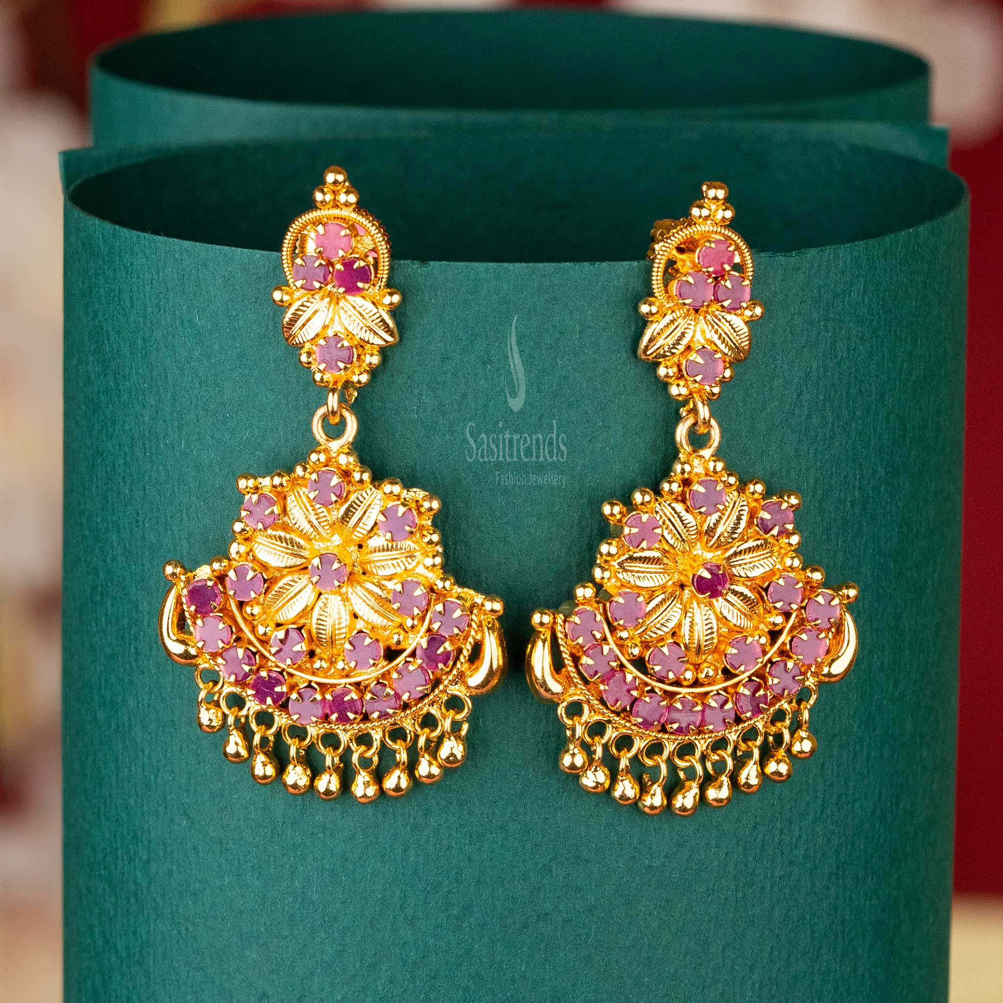 Elegant Floral Motif Gold Plated Dangling Earrings Studded with Ruby and AD Stones – Ideal for Traditional Occasions