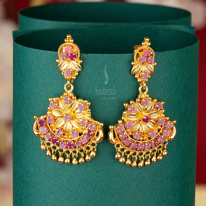 Traditional One Gram Micro Gold-Plated AD Stone Studded Floral Earrings | Sasitrends