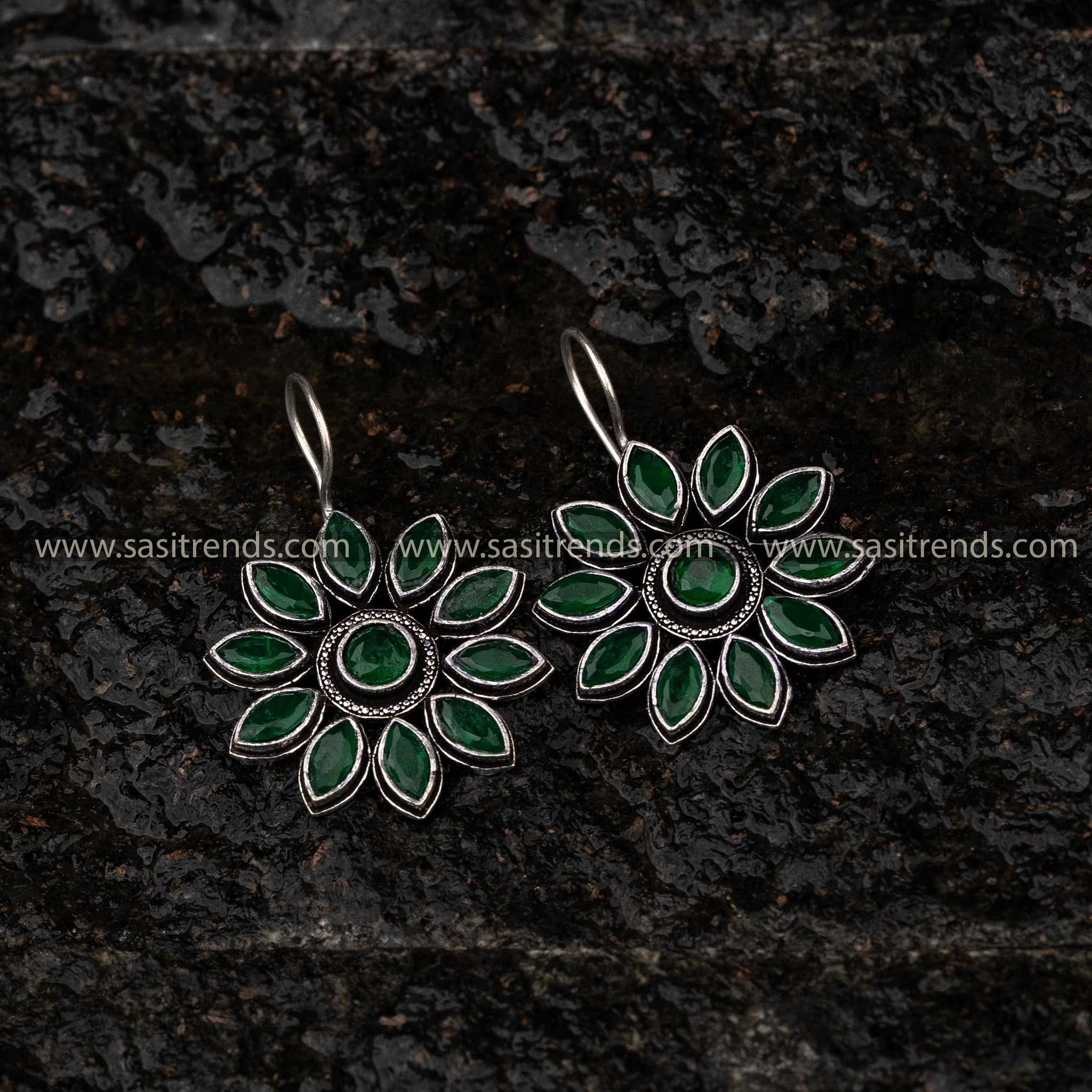 Green Floral Oxidised Earrings, Ideal for Navarathiri Festival