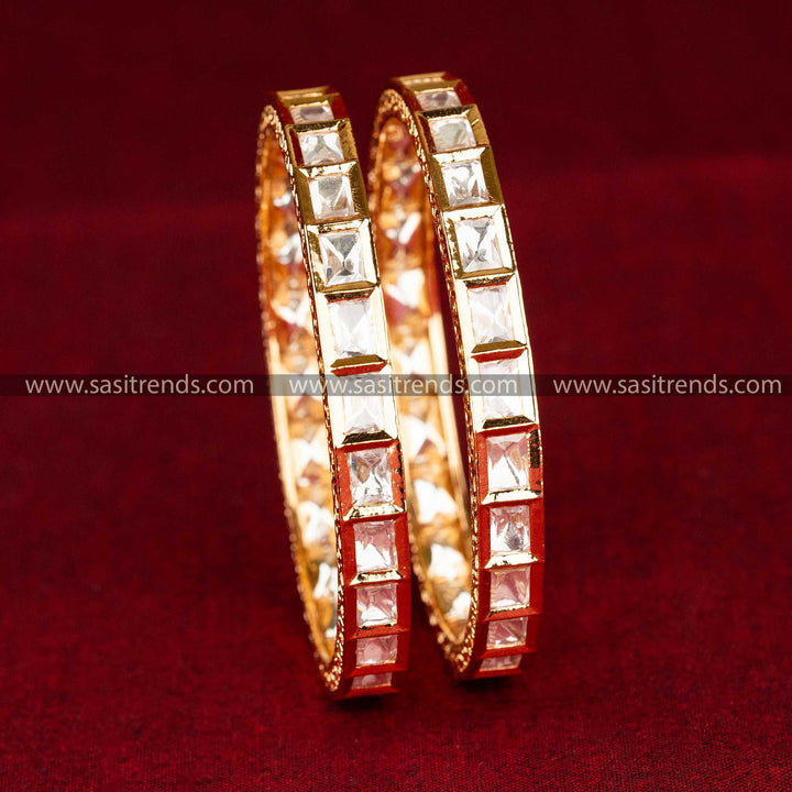 Sasitrends | Elegant High Gold Plated Rectangular Kundan Bangles with Premium American Diamond Kundan Stones - Non-Openable