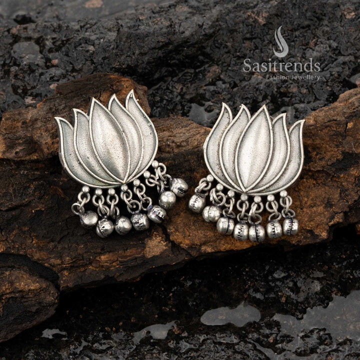 Intricate oxidised silver lotus earrings with dangling beads - Sasitrends