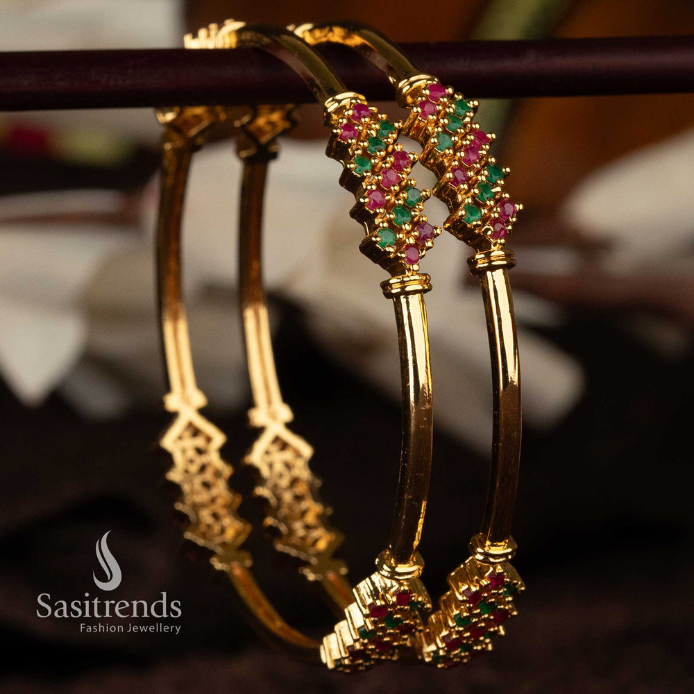 Guaranteed American diamond micro gold plated replica bangles with ruby and green stones - Sasitrends