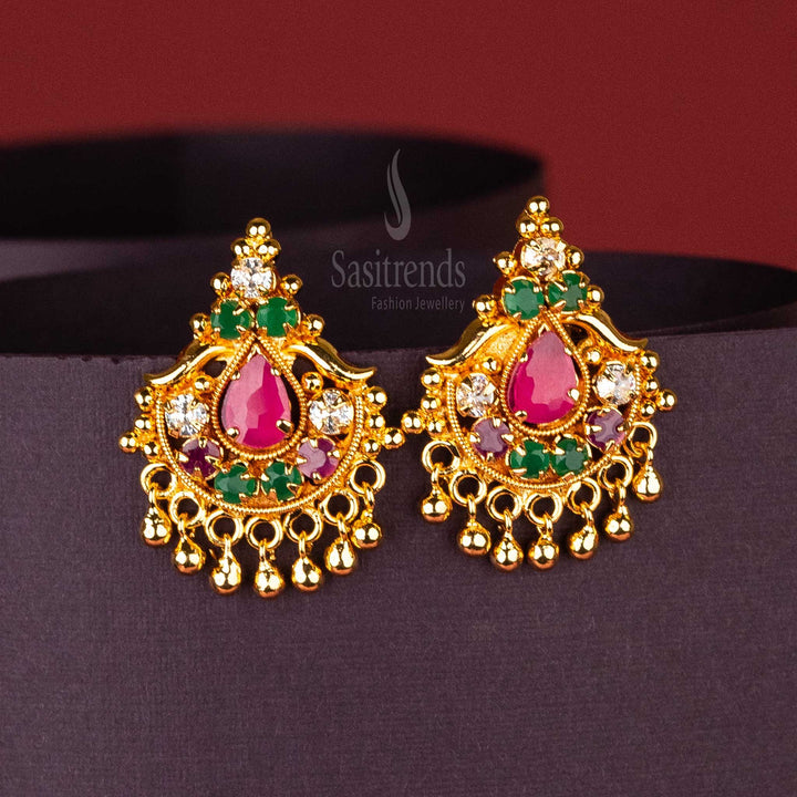 Multi-color AD stone earrings with golden ball hangings