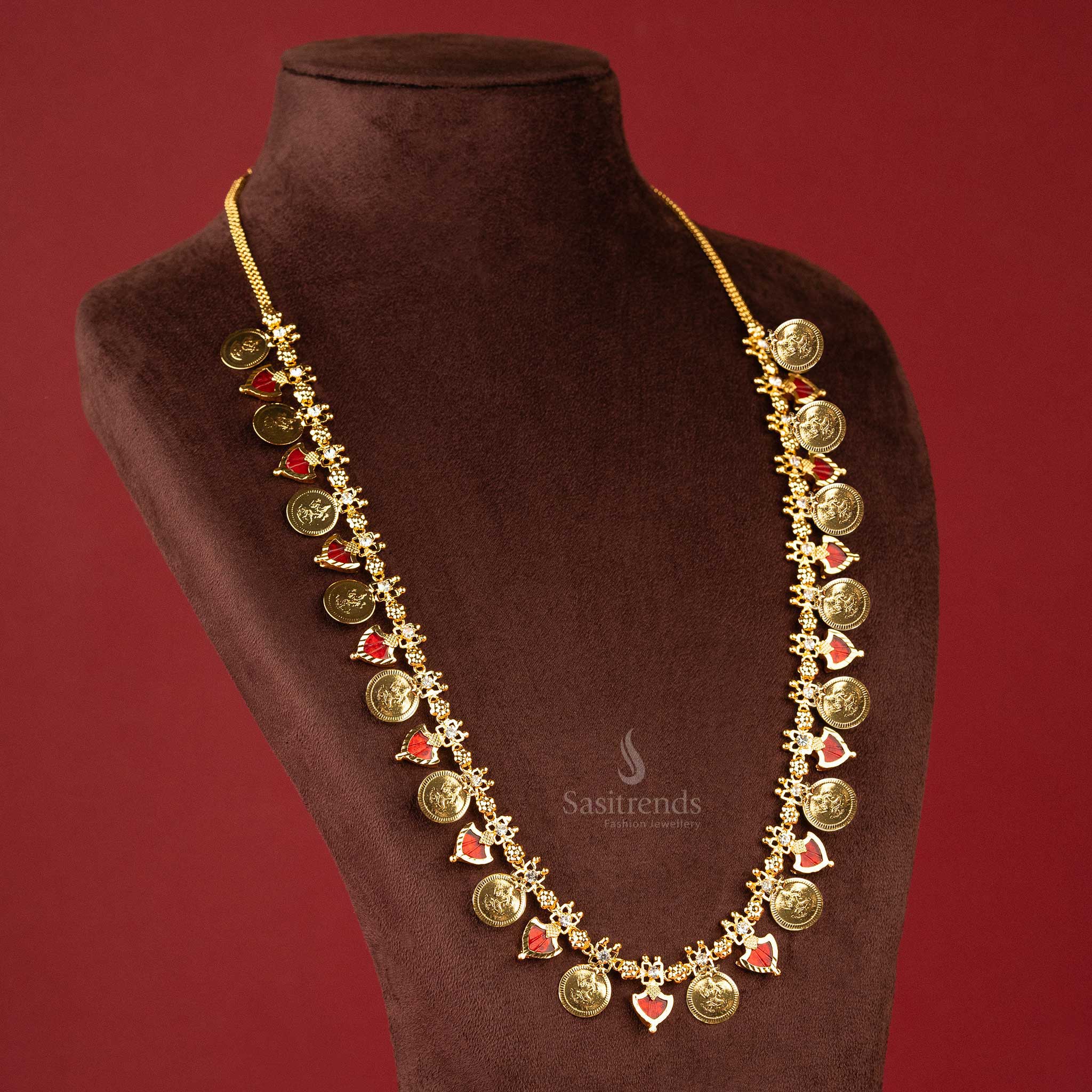 Kerala style red Lakshmi coin haram, Palakka necklace with white accents