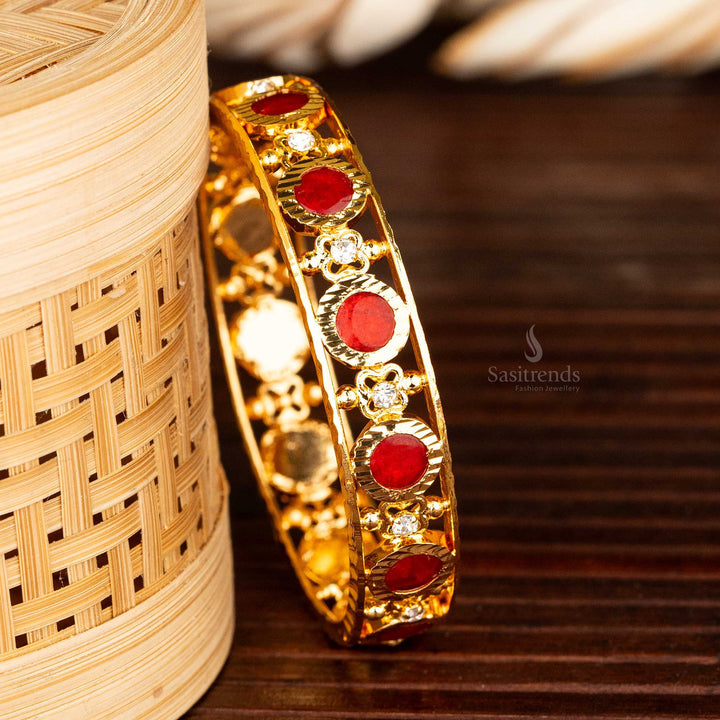 Red Studded Palakka Kerala Bangle With White Stones And Gold Plating - Sasitrends