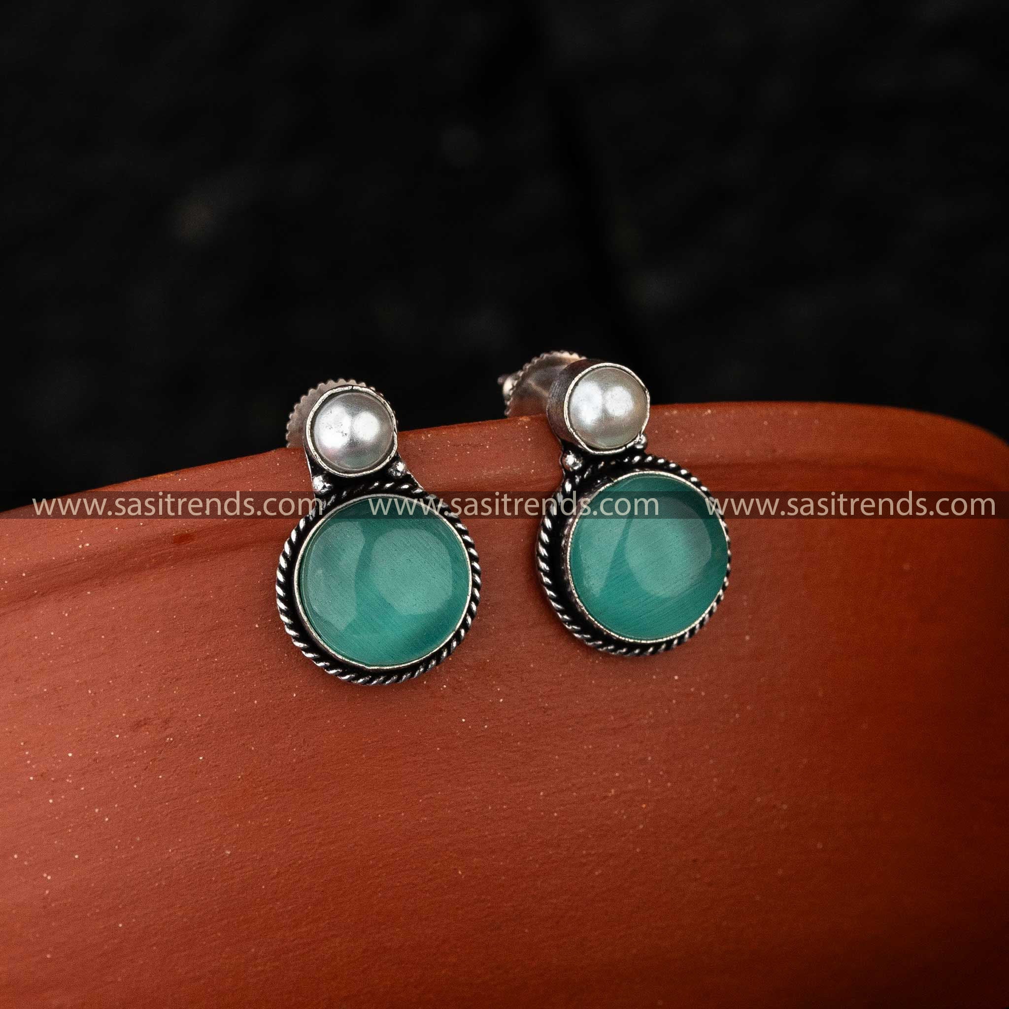 Latest Oxidised Mint Monalisa Stone Stud Jewellery Earrings