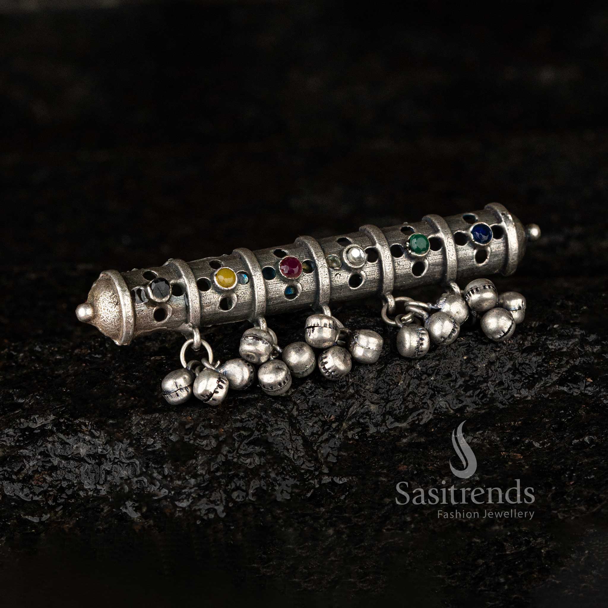 Cylindrical oxidised ring with multicoloured stones and hanging ghungroos - Sasitrends  