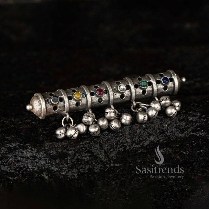 Dazzling Silver Replica Oxidised Adjustable Ghungroo Stone Finger Ring - Sasitrends