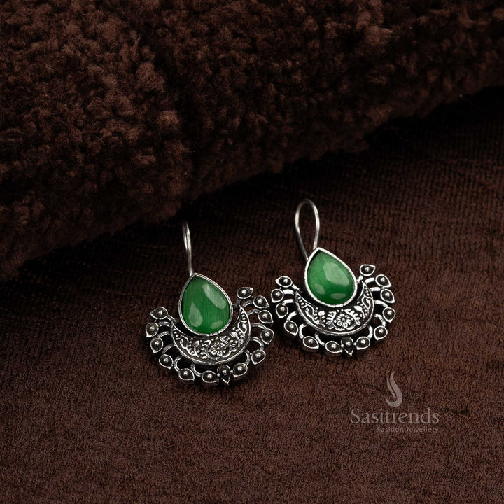 daily wear Oxidised silver fish hook earrings with glossy green stones - Sasitrends