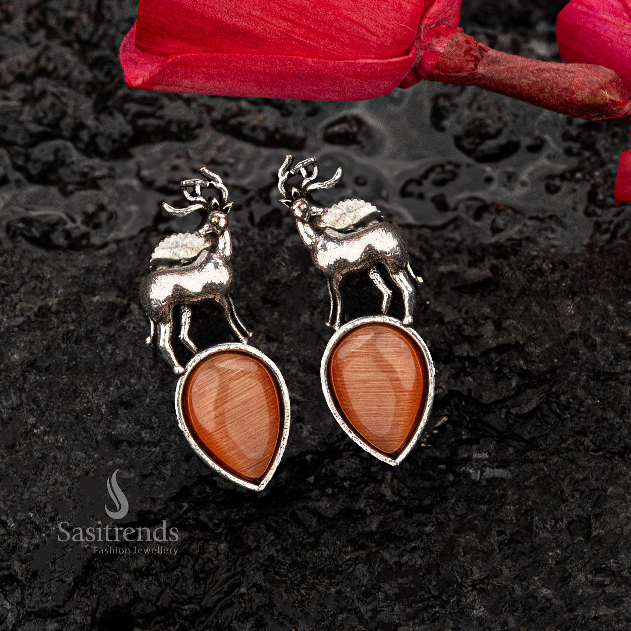 Brown Monalisa stone oxidised silver earrings with deer - Sasitrends