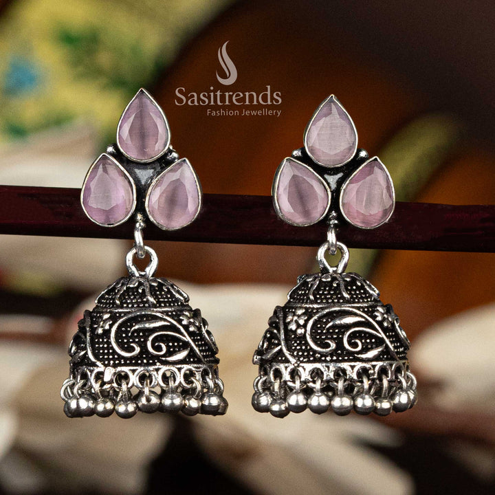 Pink floral oxidised jhumka earrings with triple waterdrop stones and detailed bead tassels - Sasitrends