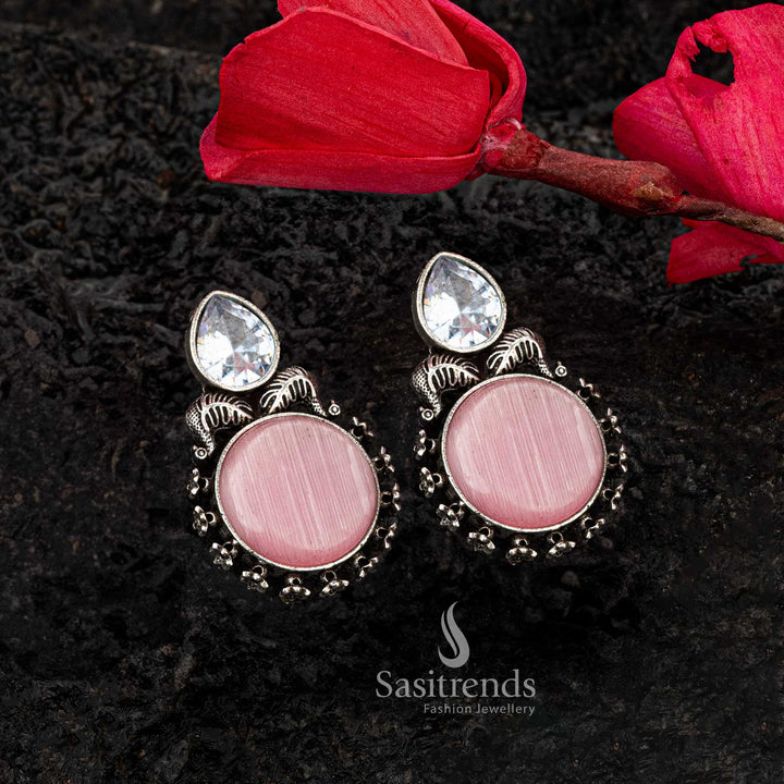 Delicate pink Monalisa stone oxidised silver earrings with CZ highlights - Sasitrends





