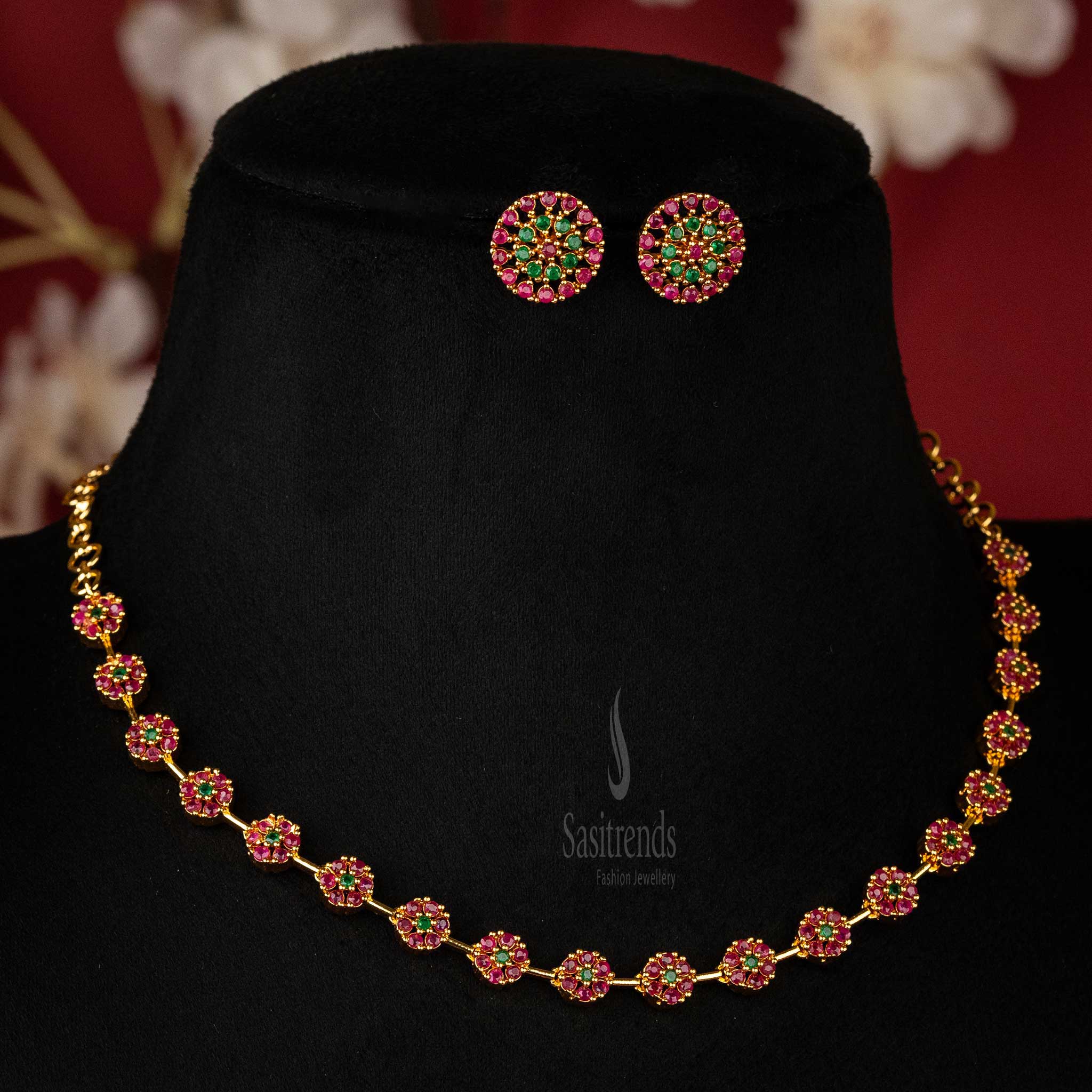 Ruby-Green Floral Jewellery with 24 Carat Gold Plating and American Diamonds