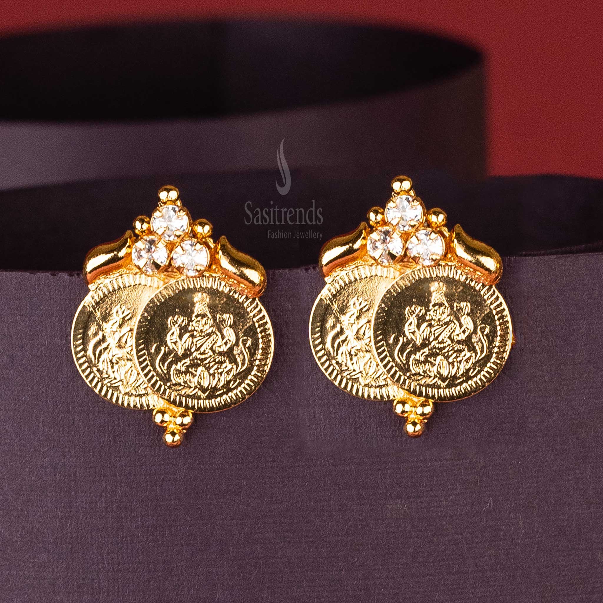 Elegant White Double Lakshmi Coin Earrings with Sparkling AD Stones and Gold Plating