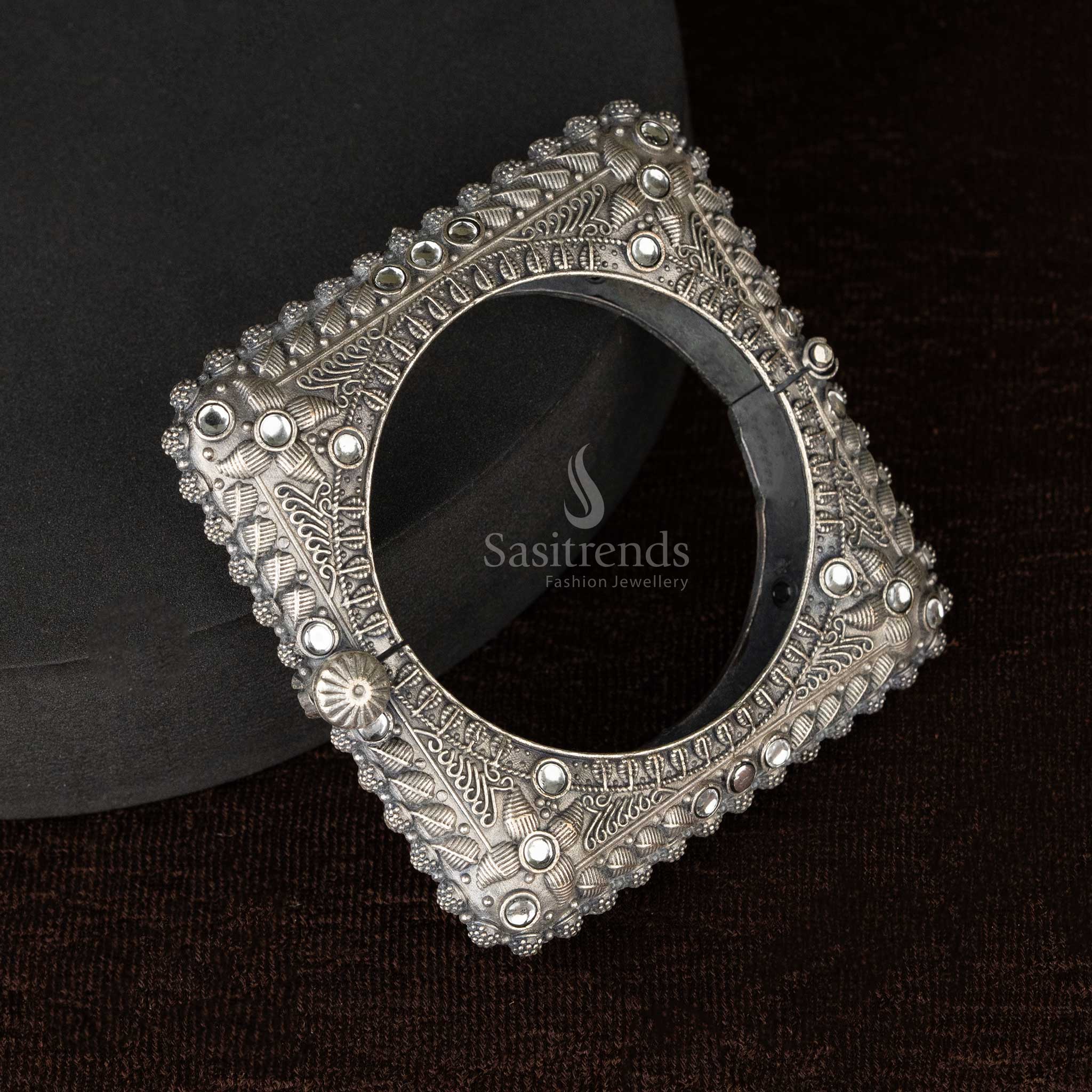 Square oxidised openable kada bangle with white stones - Sasitrends