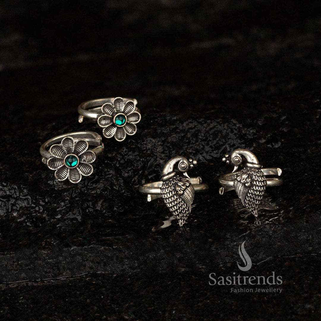 Combo of flower and peacock oxidised adjustable toe rings for ethnic wear - Sasitrends  