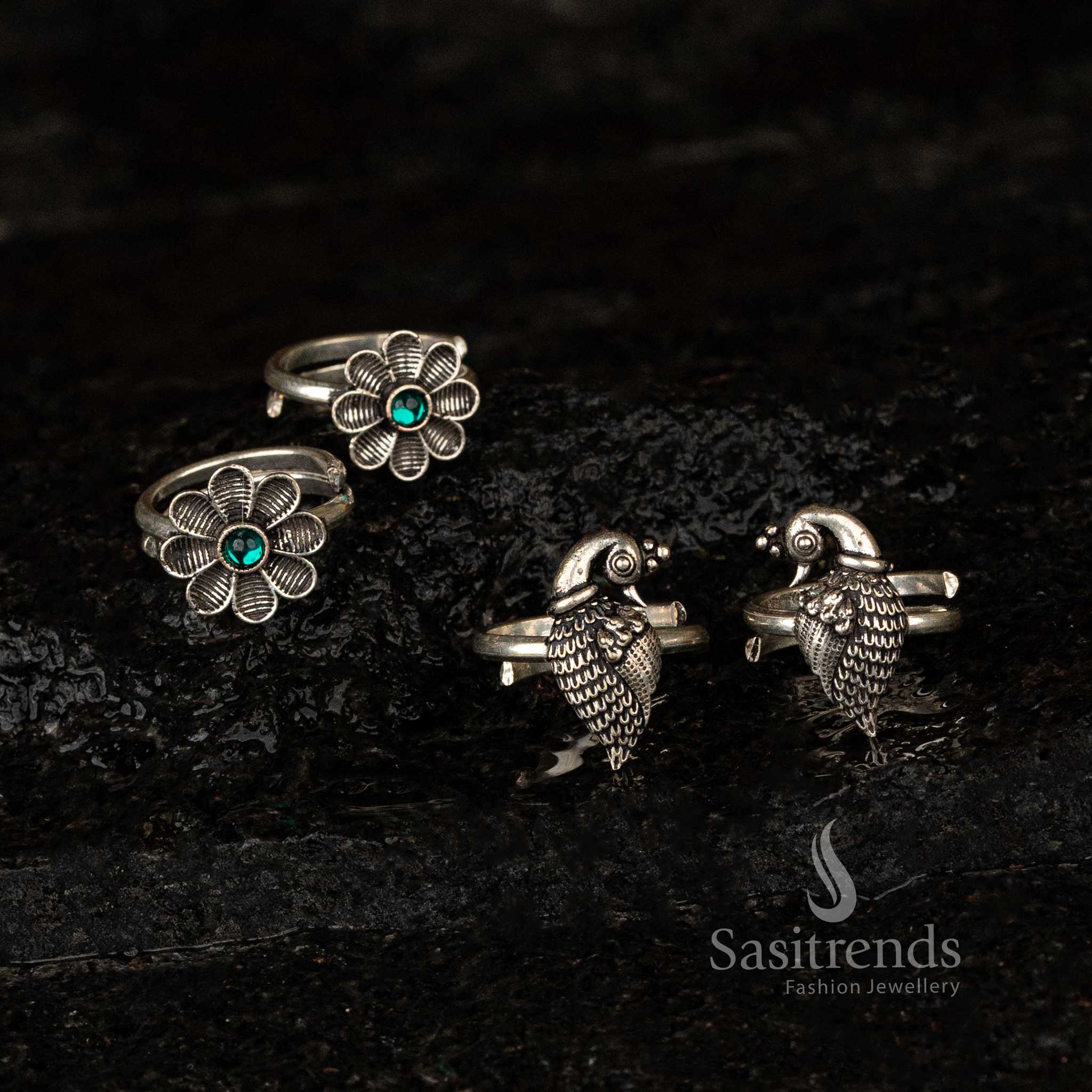 Combo of flower and peacock oxidised adjustable toe rings for ethnic wear - Sasitrends  