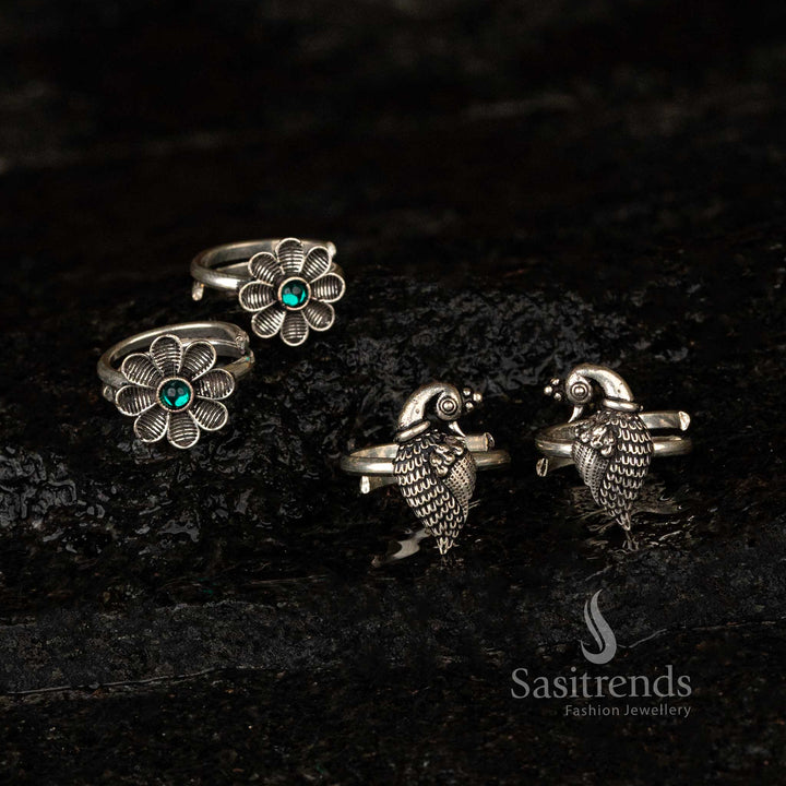 Oxidised Adjustable Toe Rings Combo | Flower & Peacock Design - Sasitrends