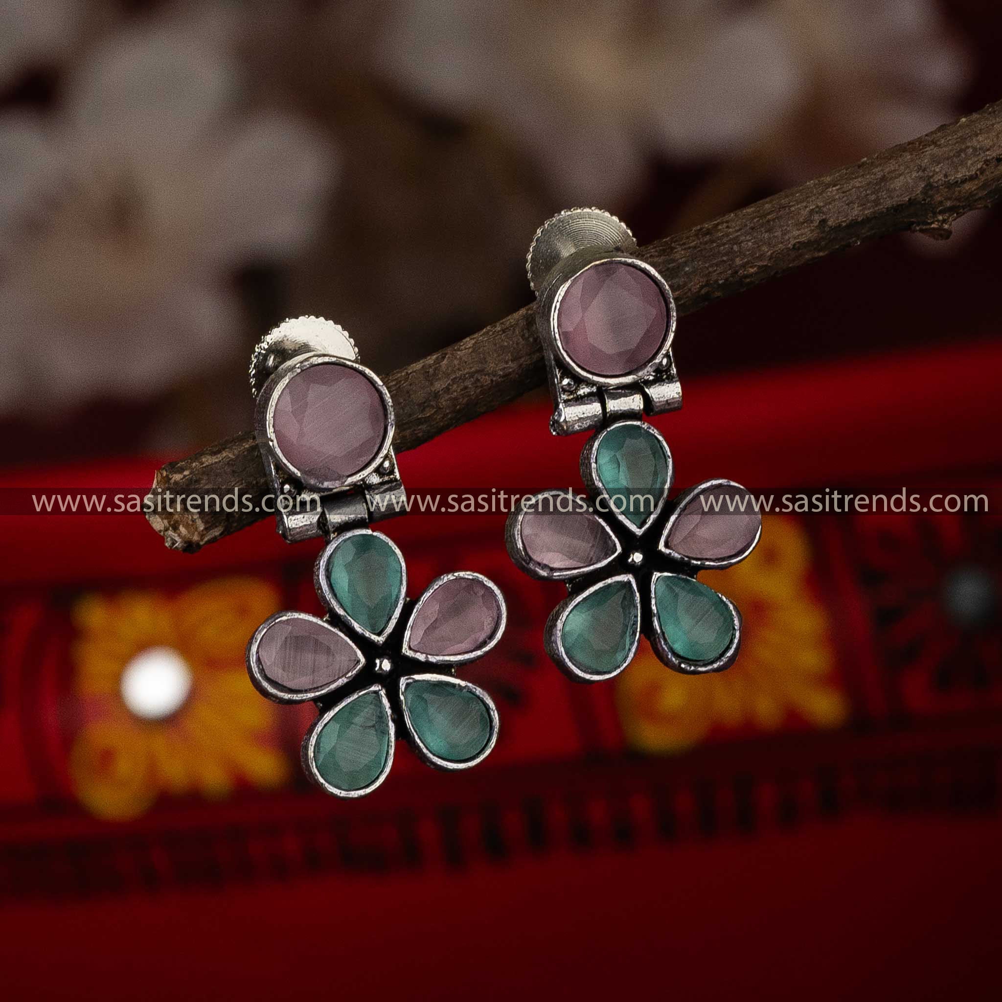 Elegant Oxidised Mint Pink Stone Stud Floral Designer Push Back Earrings Sasitrends Online Shopping