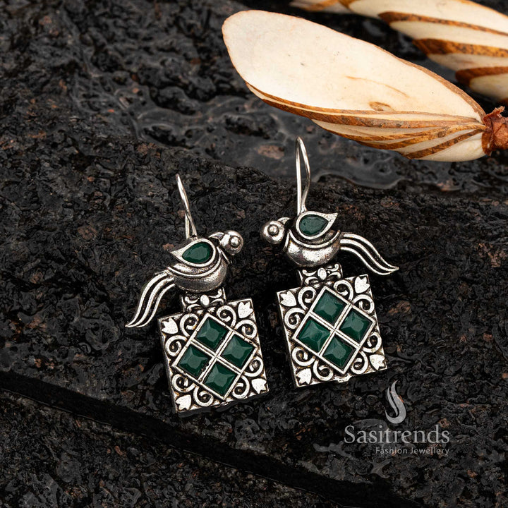 Oxidised earrings with green square stones and parrot detailing  - Sasitrends