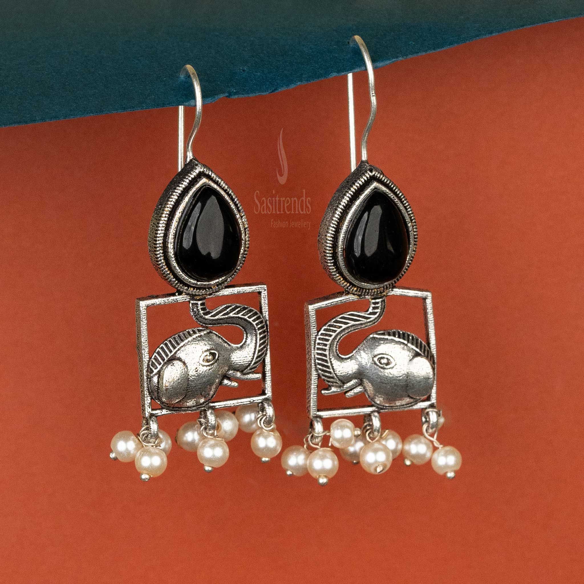 Sasitrends | Elegant Oxidised Silver Cabochon Stone and Elephant Motif Earrings with Pearls - Sasitrends