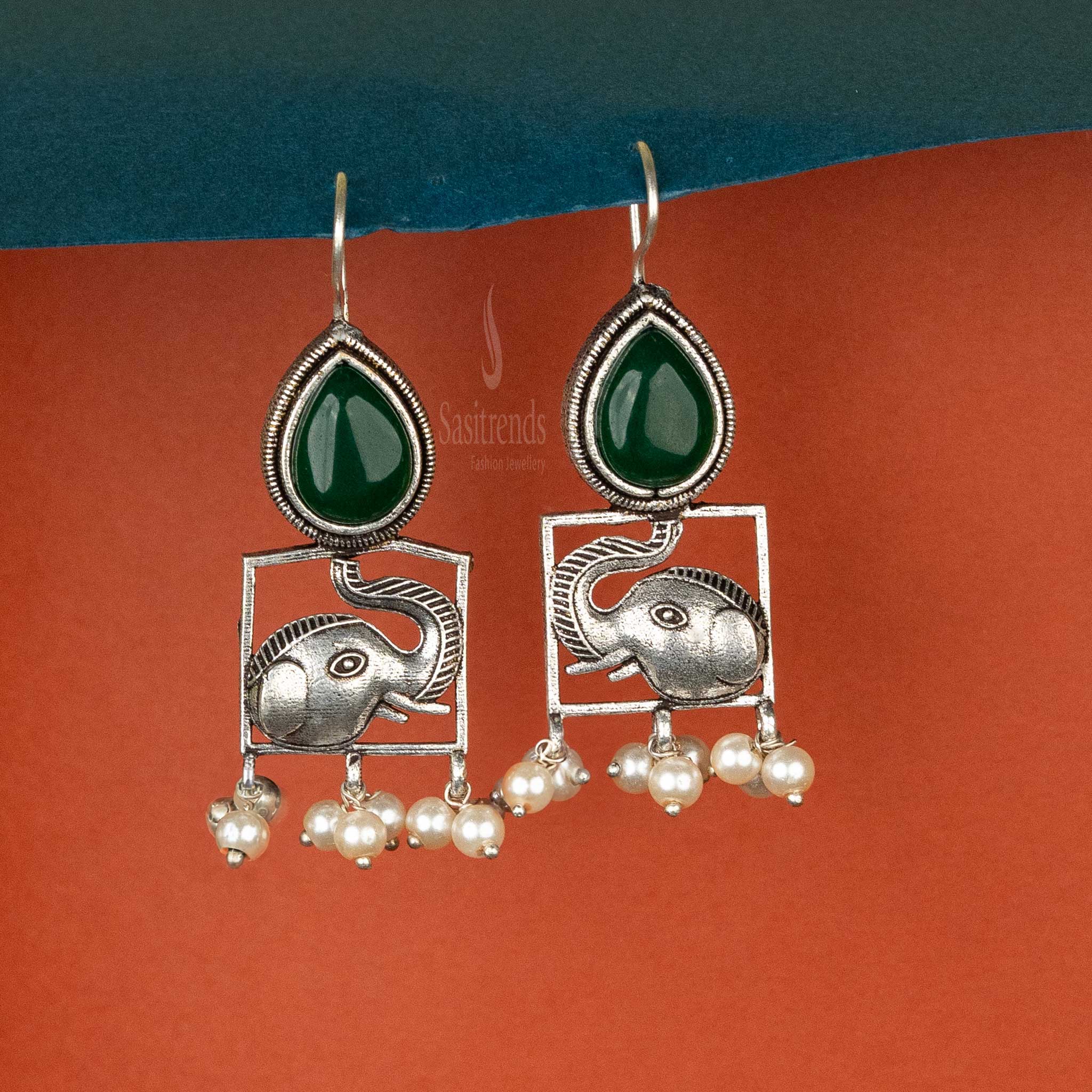 Sasitrends | Elegant Oxidised Silver Cabochon Stone and Elephant Motif Earrings with Pearls - Sasitrends