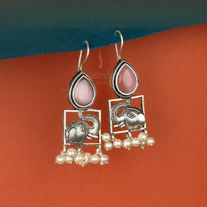 Sasitrends | Elegant Oxidised Silver Cabochon Stone and Elephant Motif Earrings with Pearls - Sasitrends