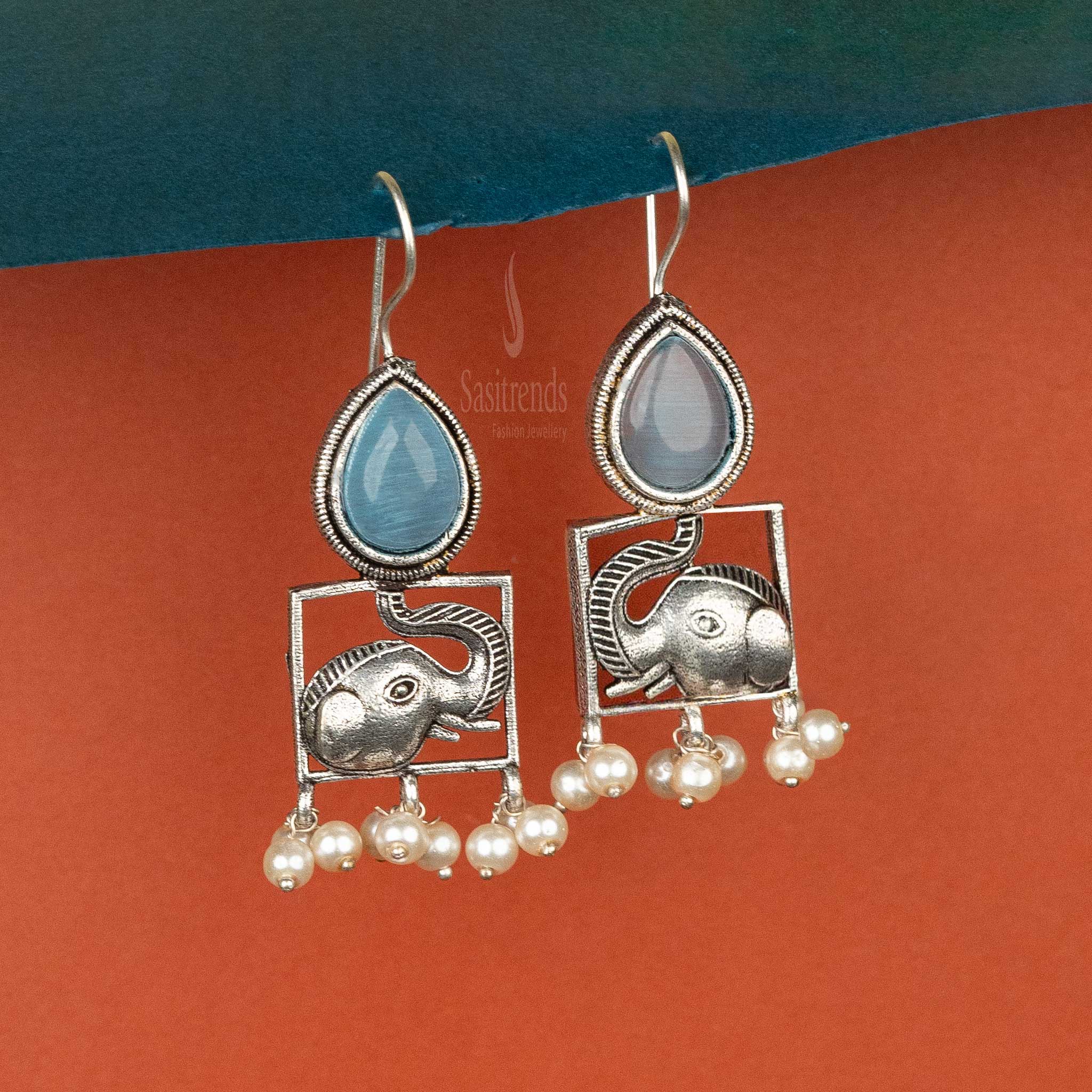 Sasitrends | Elegant Oxidised Silver Cabochon Stone and Elephant Motif Earrings with Pearls - Sasitrends