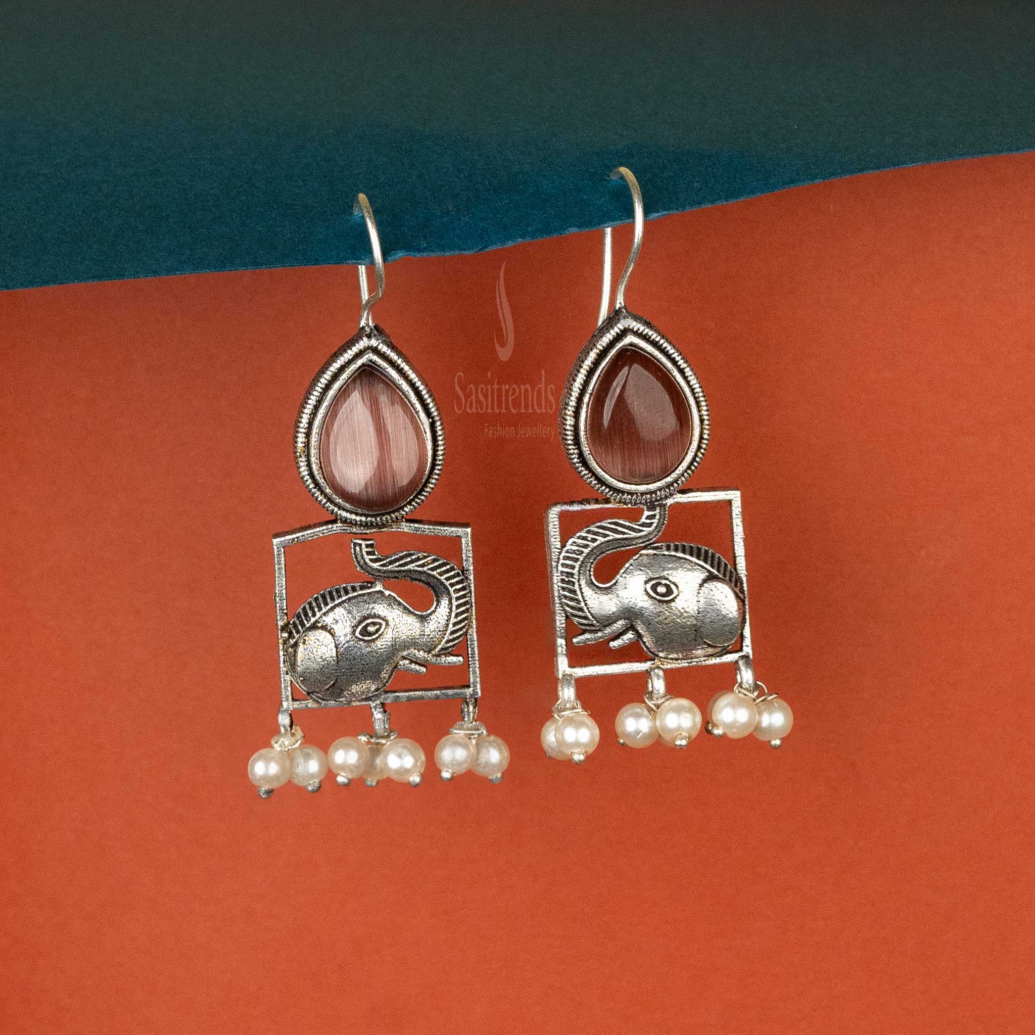 Sasitrends | Elegant Oxidised Silver Cabochon Stone and Elephant Motif Earrings with Pearls - Sasitrends