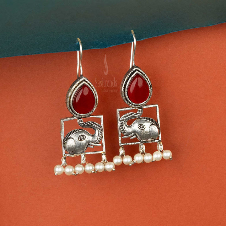 Sasitrends | Elegant Oxidised Silver Cabochon Stone and Elephant Motif Earrings with Pearls