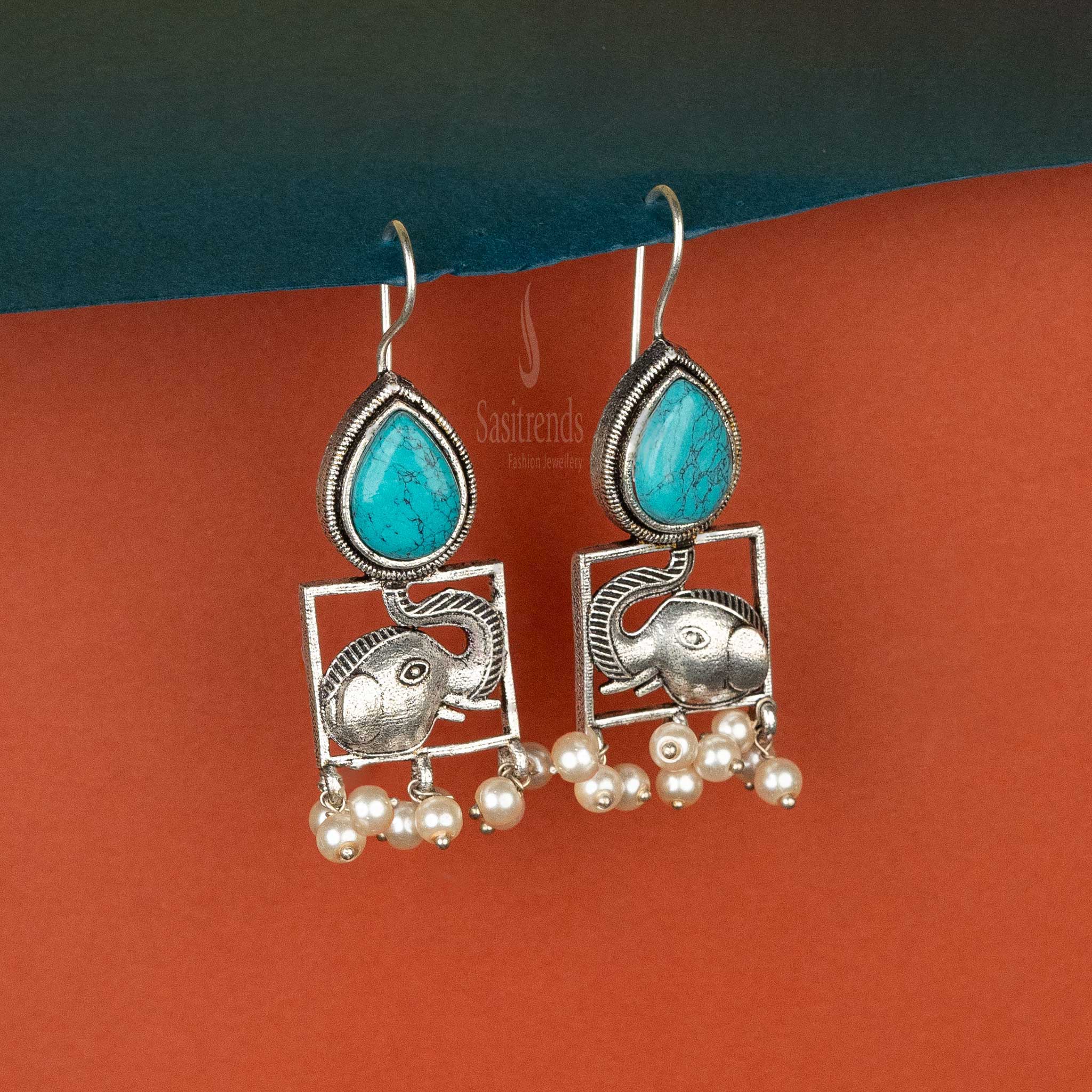 Sasitrends | Elegant Oxidised Silver Cabochon Stone and Elephant Motif Earrings with Pearls - Sasitrends