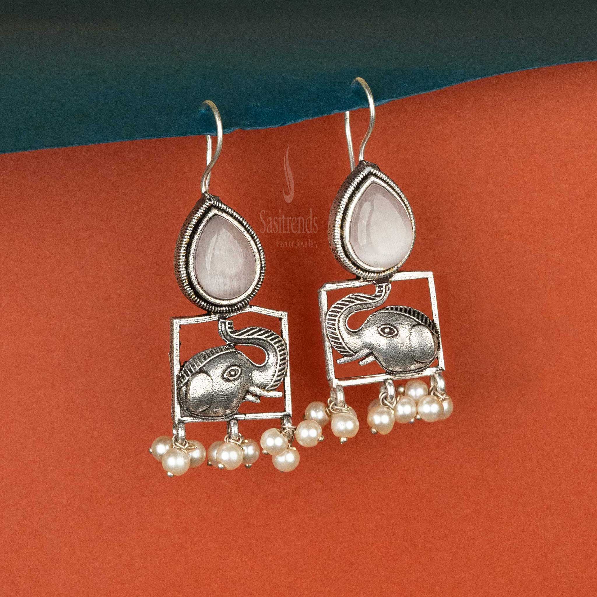 Sasitrends | Elegant Oxidised Silver Cabochon Stone and Elephant Motif Earrings with Pearls - Sasitrends