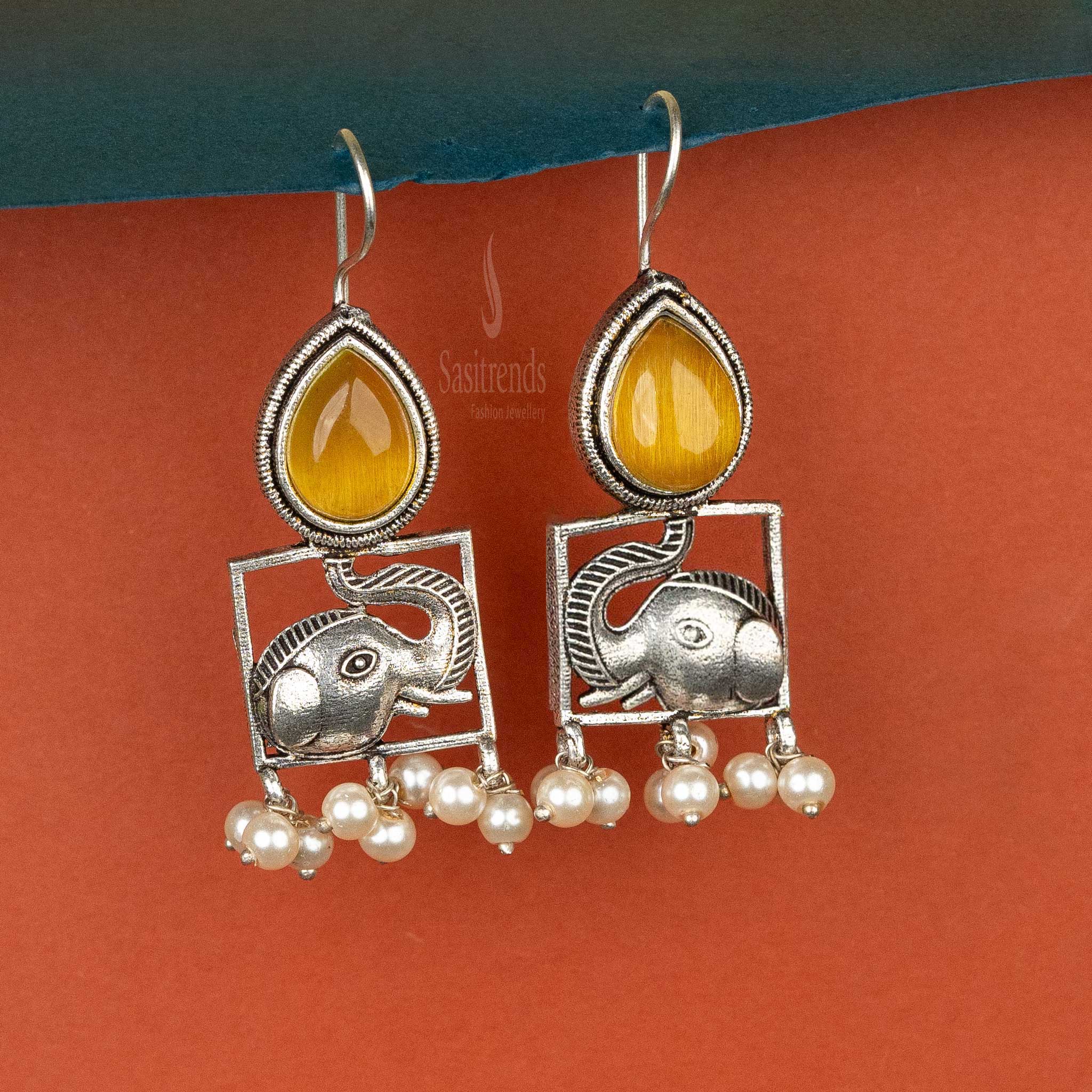 Sasitrends | Elegant Oxidised Silver Cabochon Stone and Elephant Motif Earrings with Pearls - Sasitrends