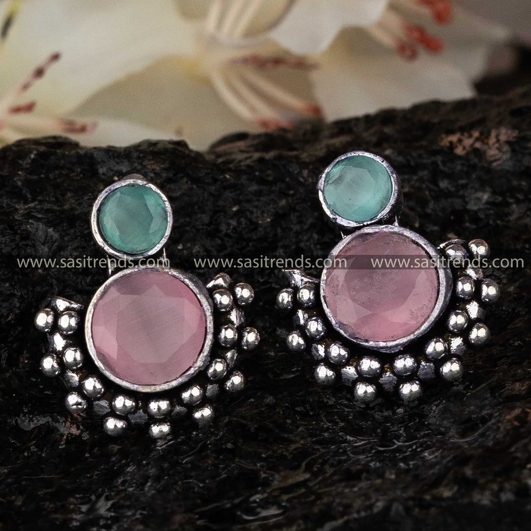 Elegant Pink MInt Oxidised Navarathiri Special Earrings Sasitrends Online Shopping