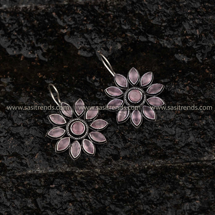 Elegant Pink Stone Stud Floral Oxidised Fish Hook Earrings Sasitrends Jewellery