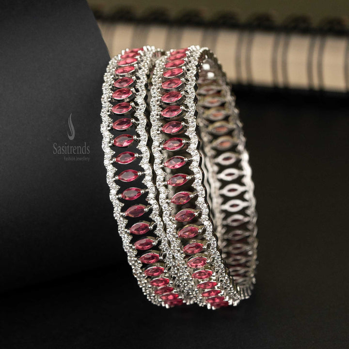 Sasitrends | Elegant Rhodium Silver-Plated American Diamond Bangles with Marquise Stones - Sasitrends