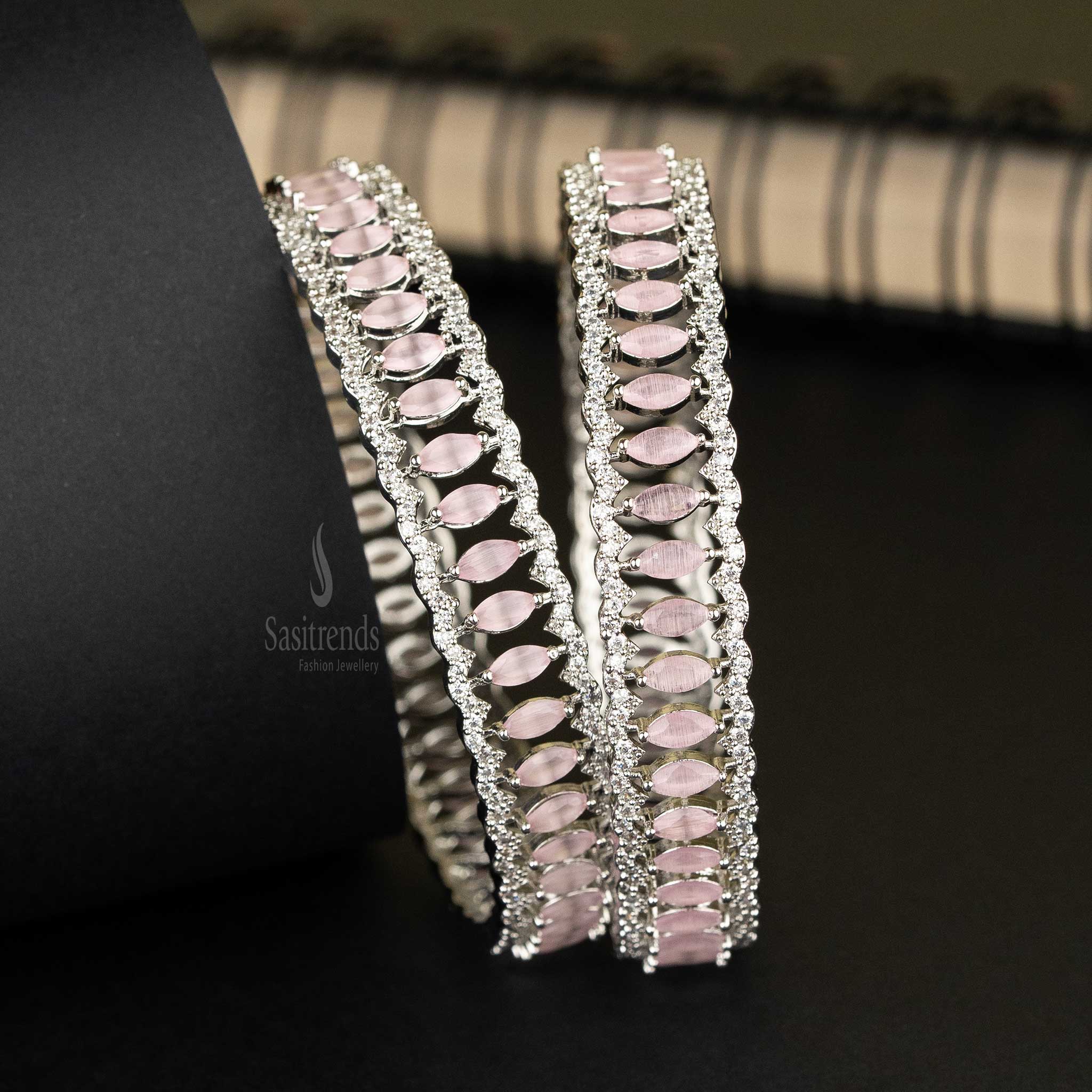 Sasitrends | Elegant Rhodium Silver-Plated American Diamond Bangles with Marquise Stones - Sasitrends