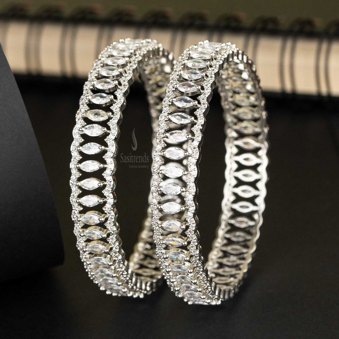 Elegant Rhodium Silver-Plated AD Bangles in White