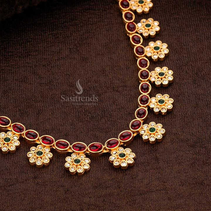 Classic floral motif matte gold-plated necklace with ruby and green stones - Sasitrends