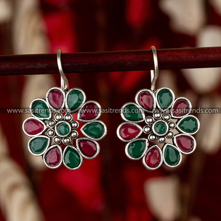 Sasitrends - Elegant Oxidised Silver Floral Earrings with Waterdrop and Round Gemstones - Sasitrends