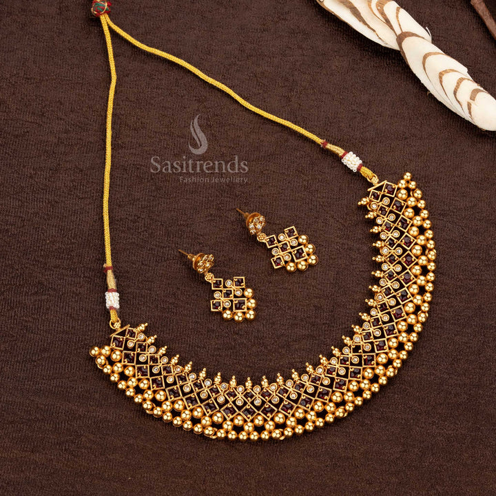 Ruby-white matte gold-plated temple necklace with intricate beadwork- Sasitrends