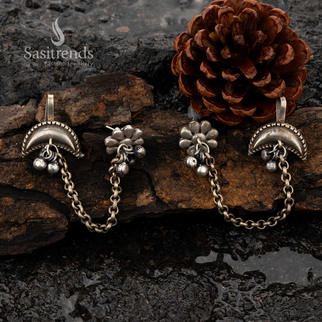 Elegant Silver replica oxidised earcuff earrings with dangling beads - Sasitrends