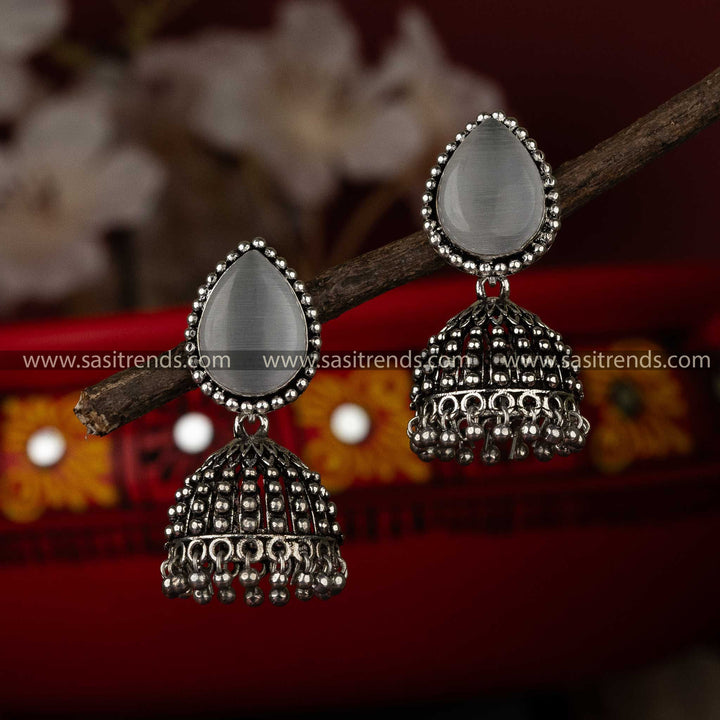 Elegant Water drop Gray Monalisa Oxidised Jhumka Earrings for Navarathiri