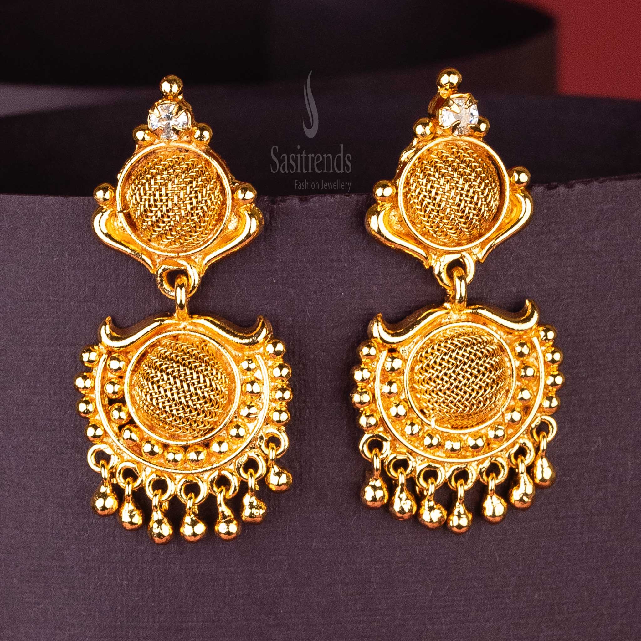 Elegant White AD Stone Studded One Gram Gold Plated Drop Earrings with Mesh Design and Single Top Stone