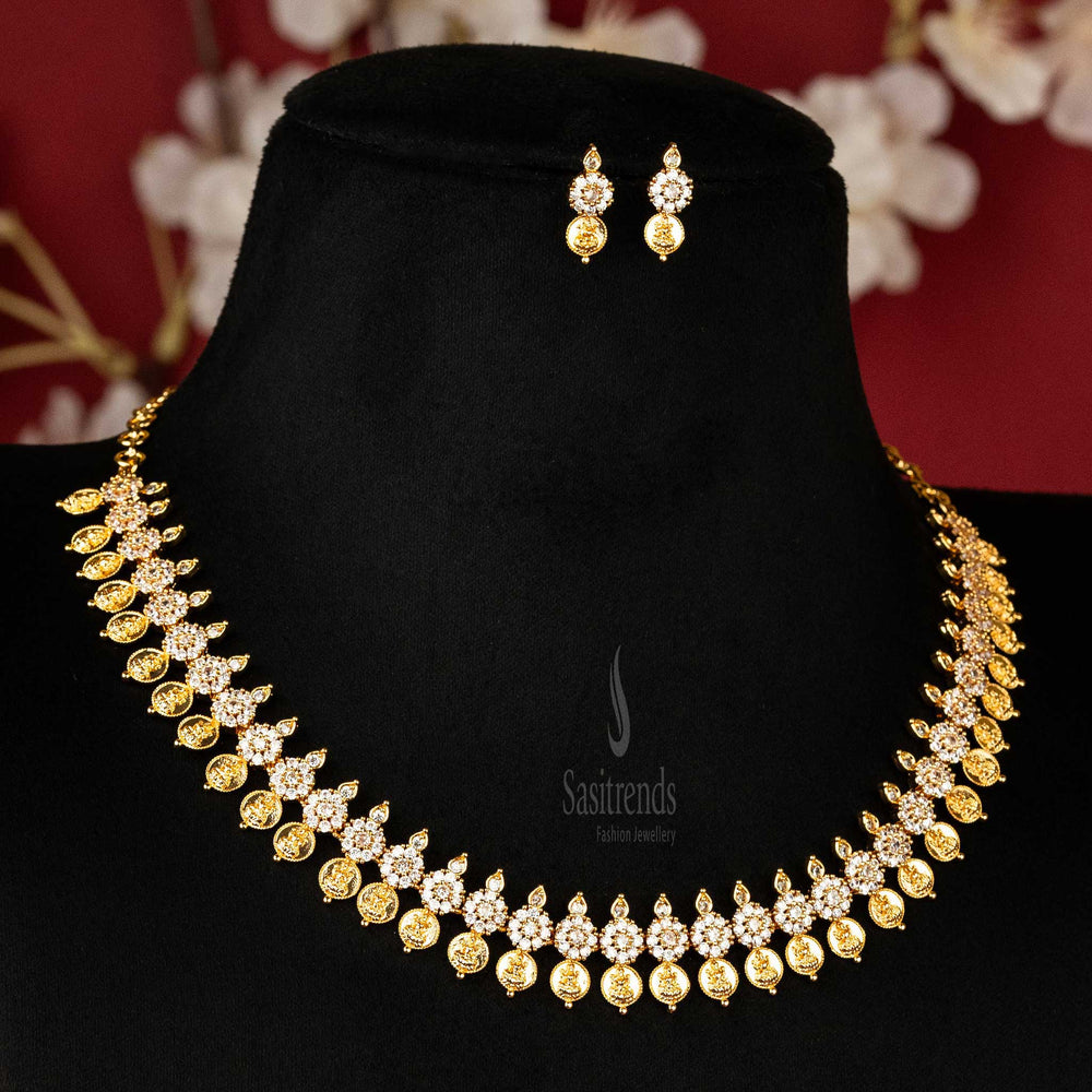 Traditional White Lakshmi Coin Jewellery Set with American Diamonds and earrings Sasitrends