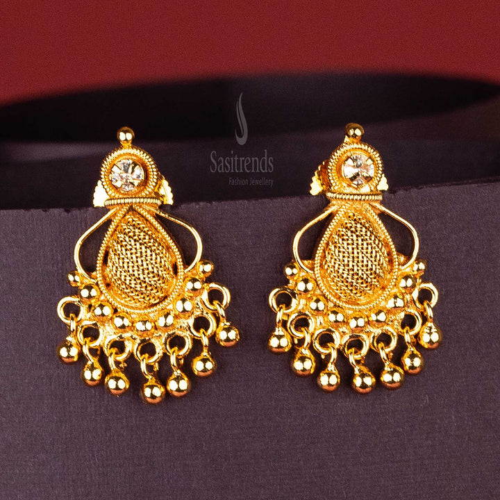 Elegant White Teardrop Mesh Gold Plated Earrings with AD Stone and Dangling Golden Balls – Premium Real Gold Appearance